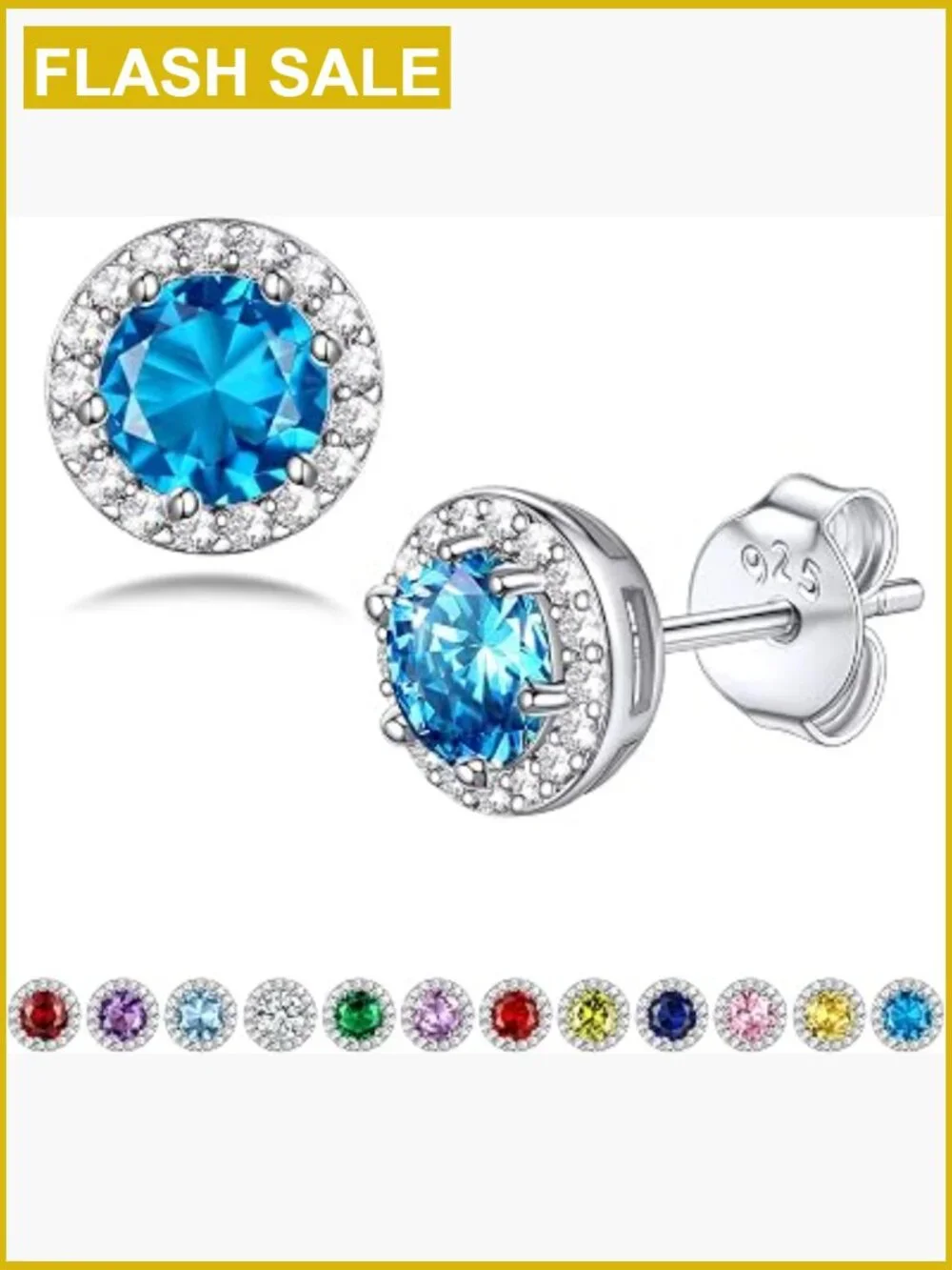 925 Sterling Silver Birthstone Stud Earrings - Blue Topaz